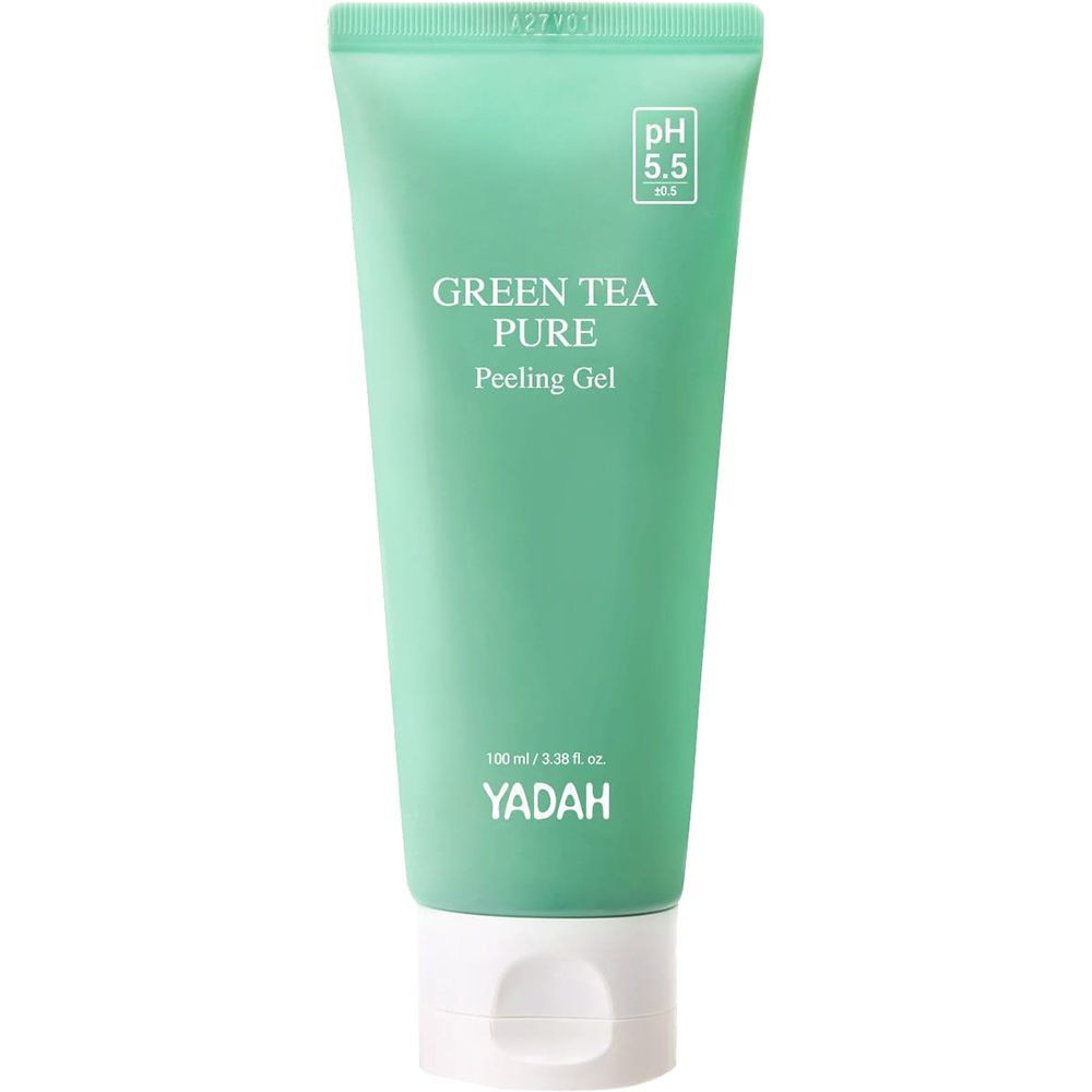 Tubo verde con tappo bianco. Scritta: Green Tea Pure Peeling Gel, pH 5.5, Yadah.
