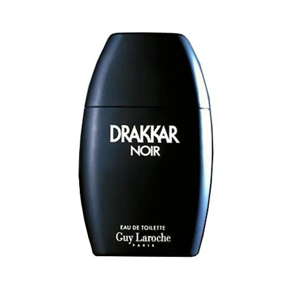 Flacone nero con scritta bianca "Drakkar Noir". Visibili anche "Eau de Toilette" e "Guy Laroche".