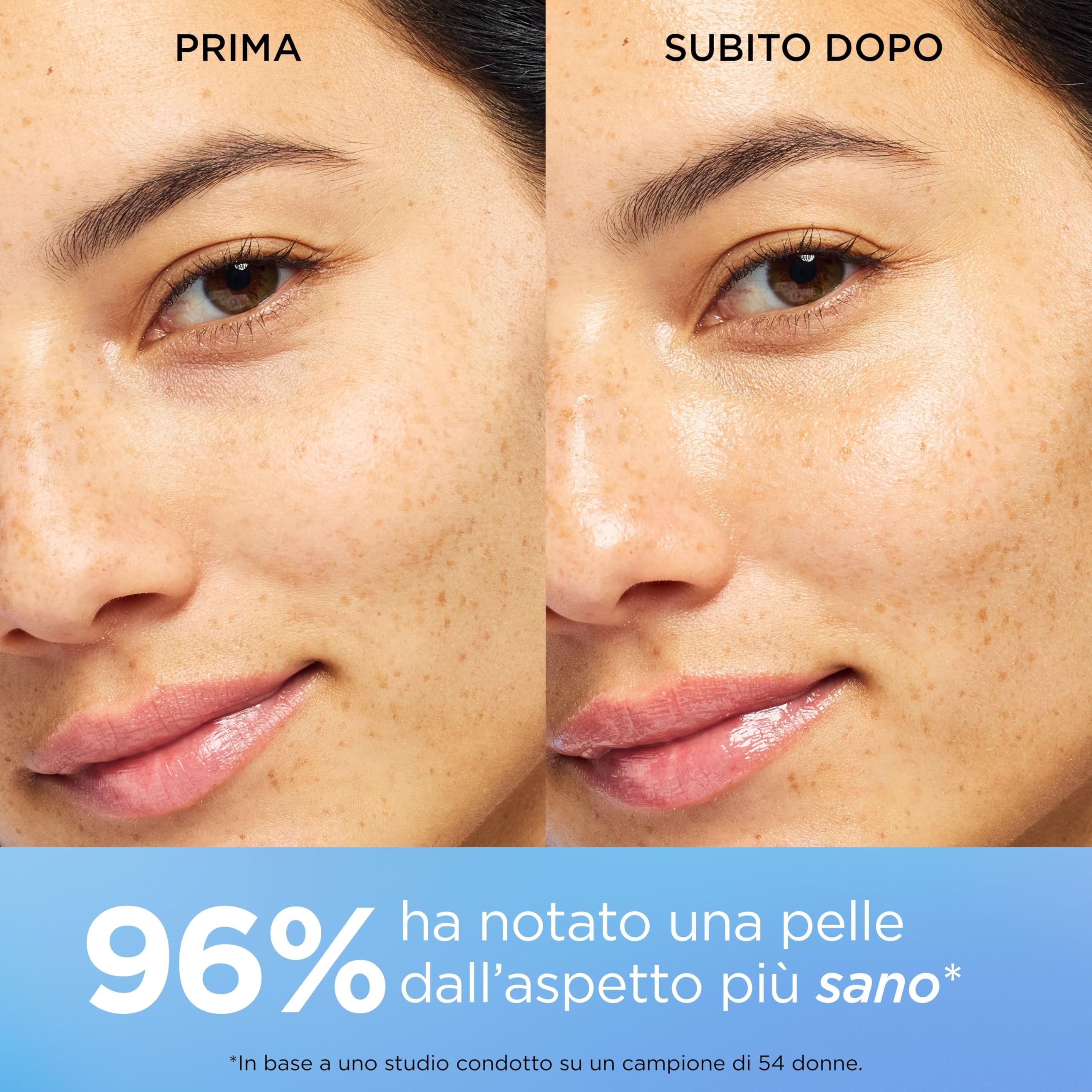 Confronto prima-dopo della pelle. Testo: 96% hanno notato una pelle dall'aspetto più sano.