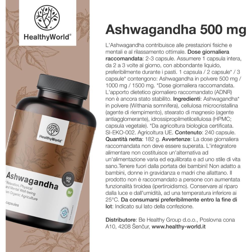Informazioni sul prodotto in italiano. Flacone Ashwagandha, 500 mg, 240 capsule. Ingredienti, dosaggio, avvertenze.