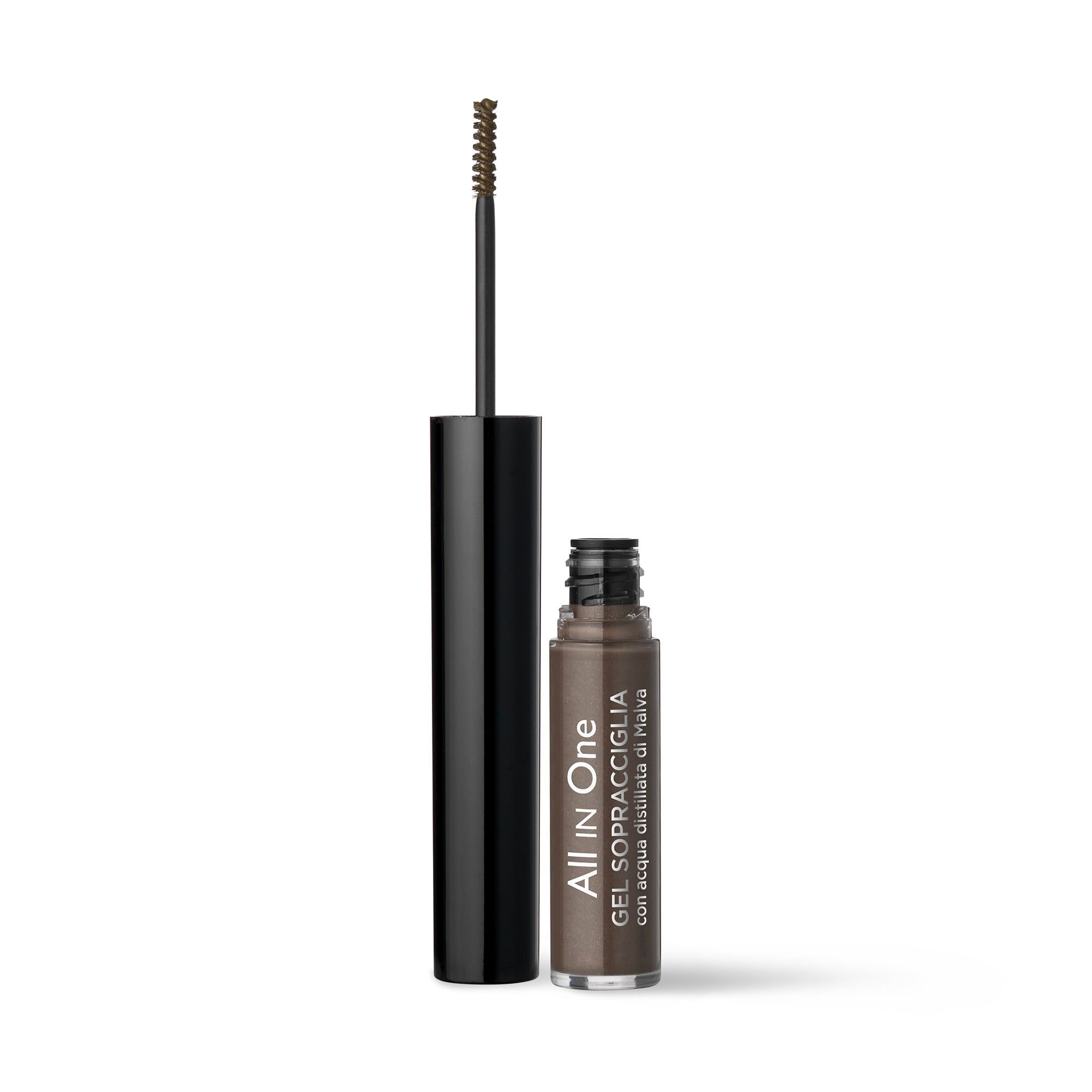 Gel per sopracciglia con applicatore. Astuccio nero, flacone trasparente con prodotto. Scritta: ALL IN ONE GEL SOPRACCIGLIA.