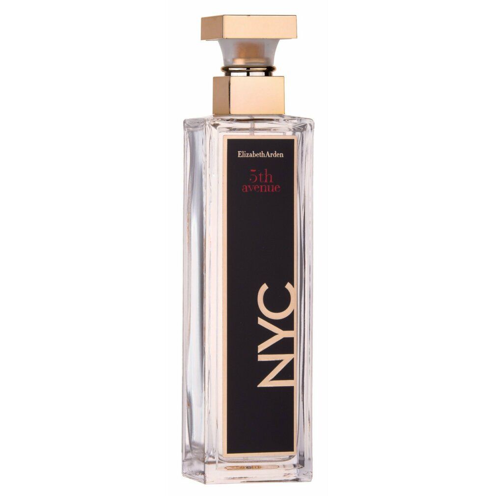 Flacone Elizabeth Arden 5th Avenue NYC. Flacone rettangolare con tappo dorato. Adesivo nero con scritta dorata.