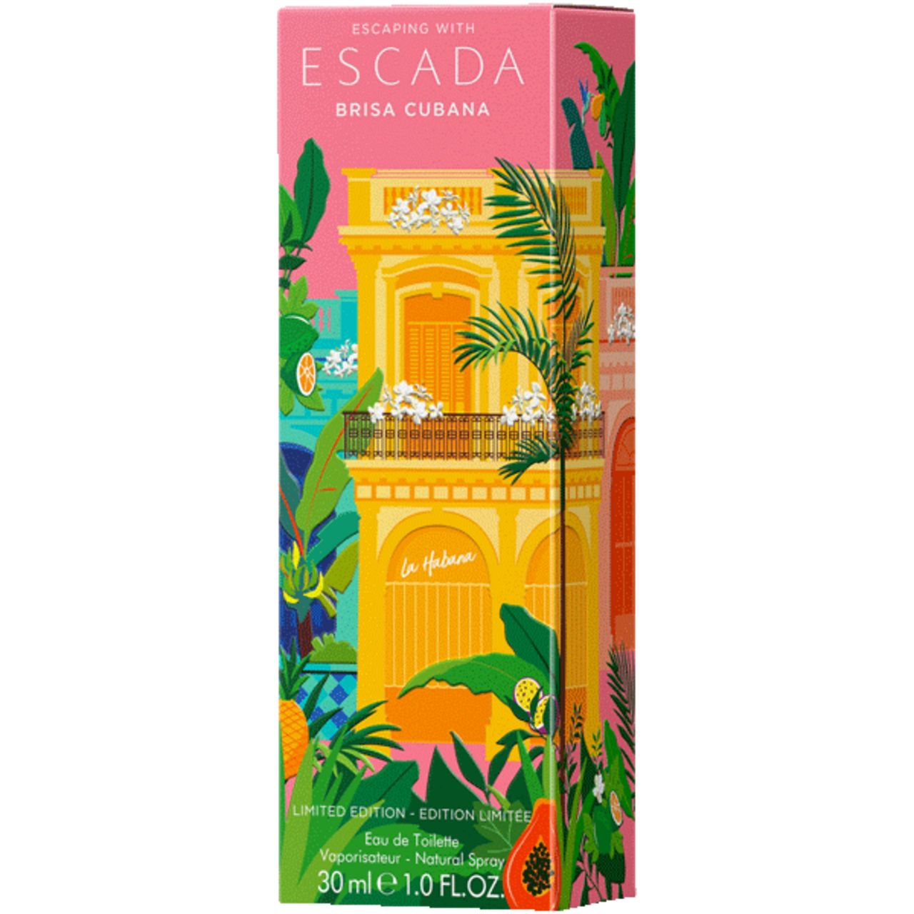 Confezione Escada Brisa Cubana. Sfondo rosa, edificio giallo, foglie verdi. Scritta: Escada, Brisa Cubana.