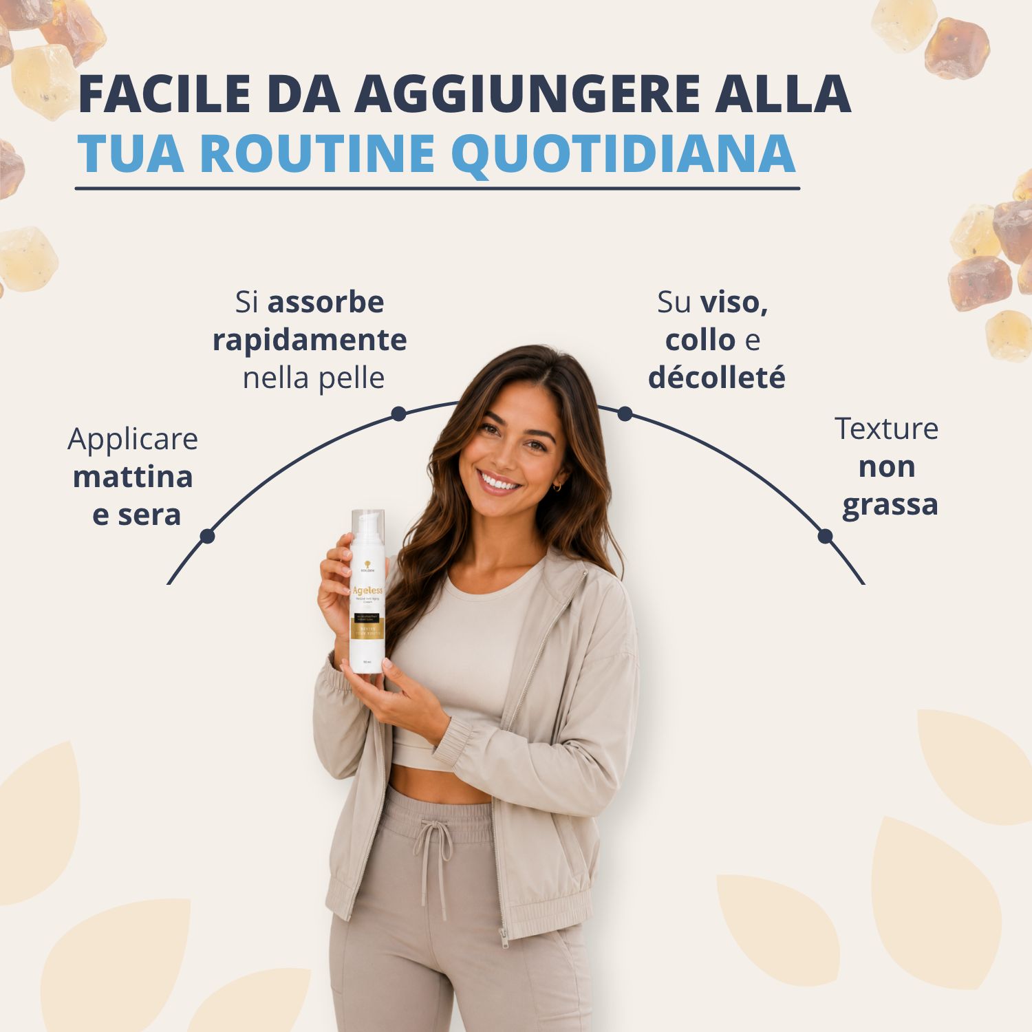Donna tiene in mano la crema Golden Tree Ageless. Facile da integrare nella routine, si assorbe rapidamente, texture non grassa.