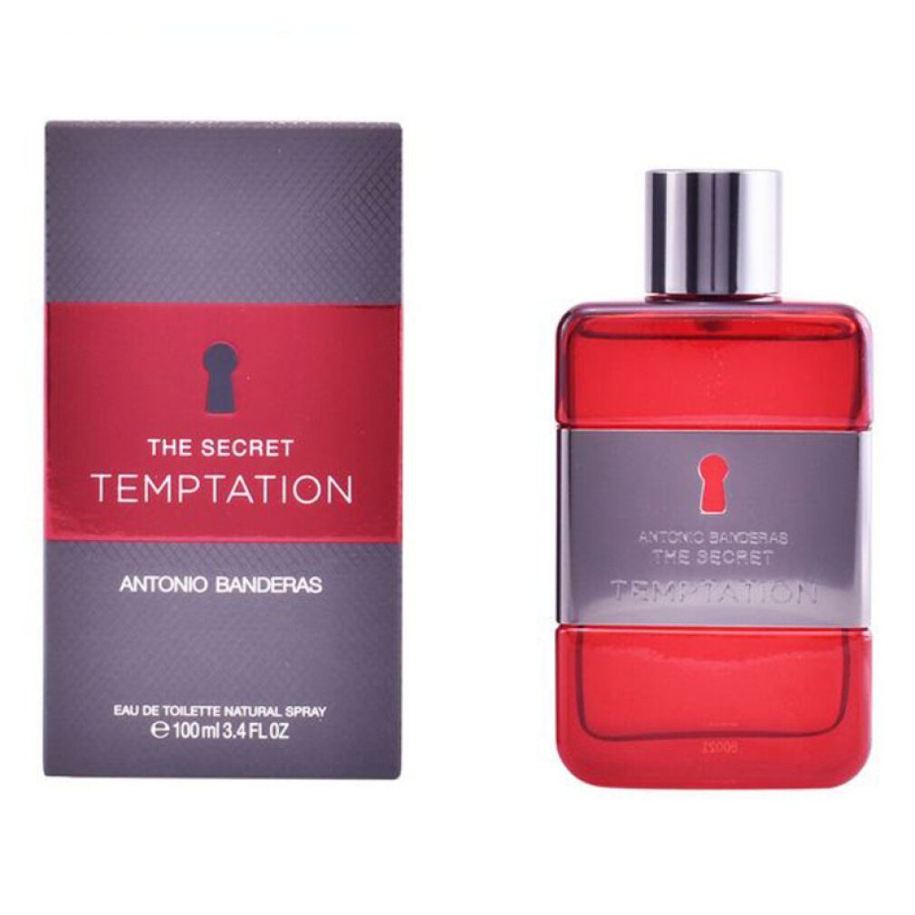Flacone rosso e scatola. Scritta: THE SECRET TEMPTATION, Antonio Banderas. Eau de Toilette Natural Spray.