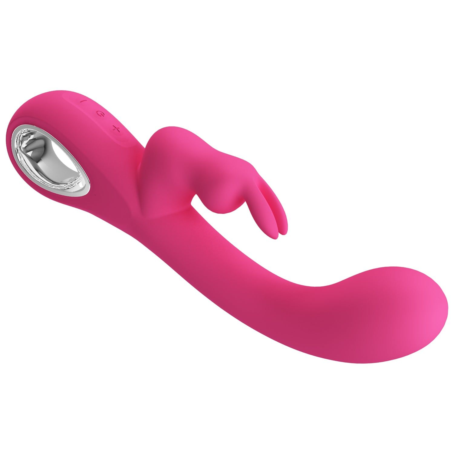 Vibratore rosa con design a orecchie di coniglio. Superficie in silicone, forma ergonomica. Con pulsanti e anello metallico.
