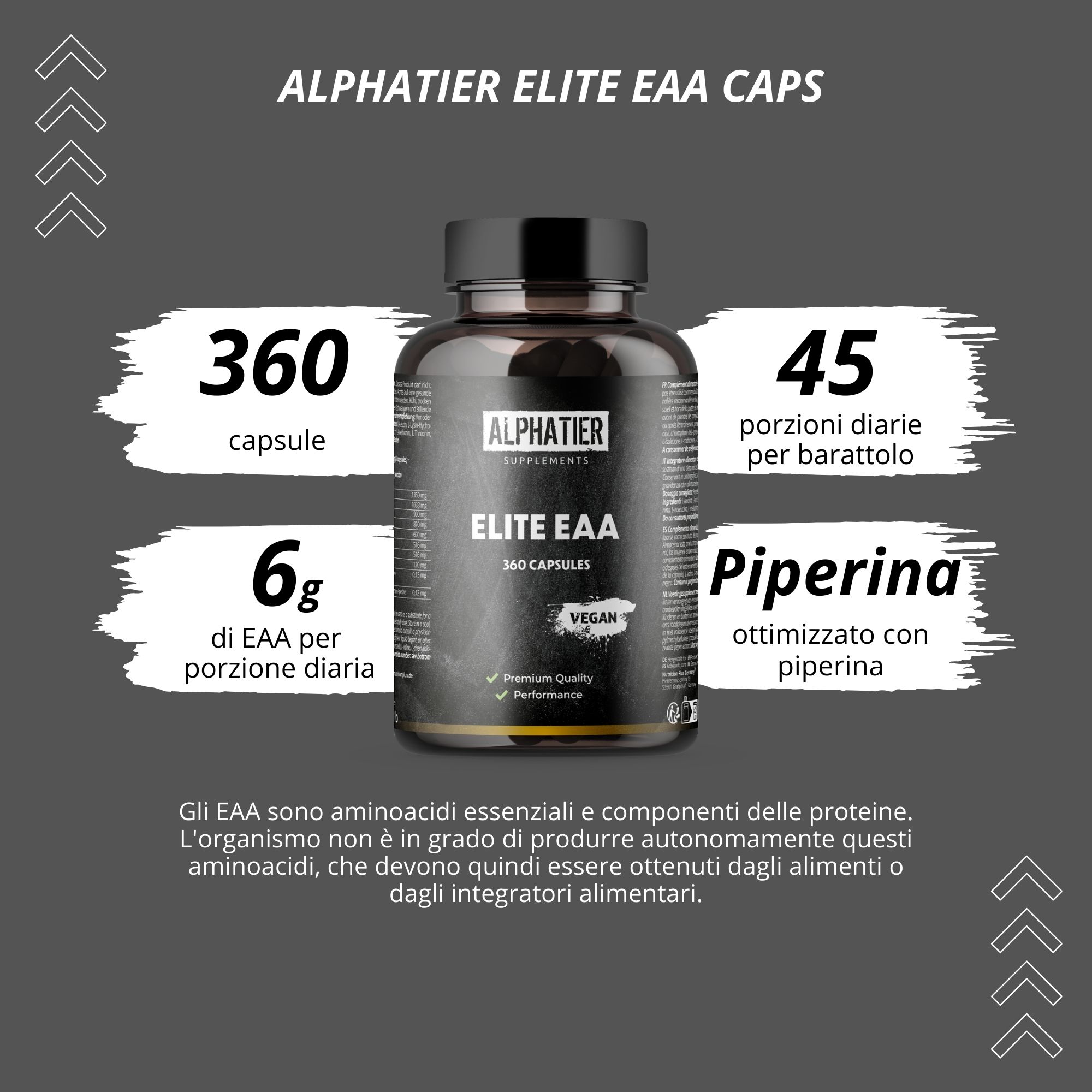 Capsule Alphatier Elite EAA: Confronto con "Prodotti comparabili". Sinistra: 100% vegan, senza agenti di separazione/coloranti, dosaggio basato su prove, produzione tedesca.