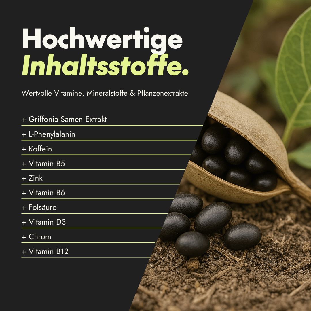 Primo piano degli ingredienti. Testo: Ingredienti di alta qualità. Estratto di semi di Griffonia, L-Fenilalanina, Caffeina, Vitamina B5, Zinco, Vitamina B6, Acido folico, Vitamina D3, Cromo, Vitamina B12.