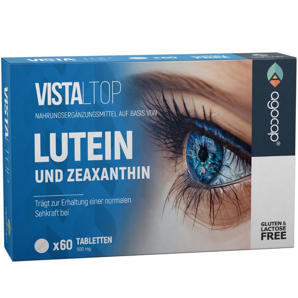 Scatola blu e bianca con Vistaltop, Luteina e Zeaxantina. Contiene 60 compresse. Senza glutine e lattosio.