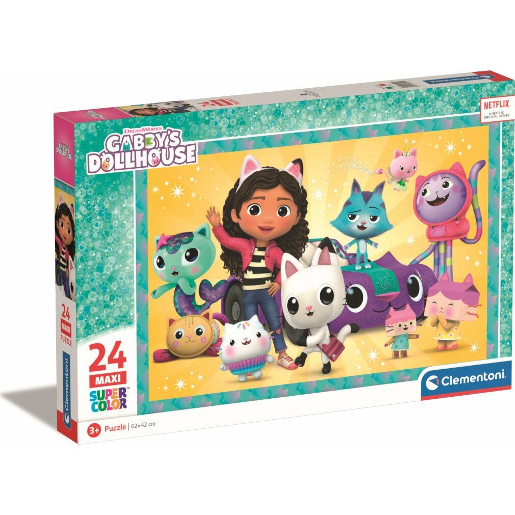 Scatola puzzle con personaggi di Gabby's Dollhouse. Scatola rettangolare con motivo puzzle. Scritta: 24 Maxi Super Color. Marchio: Clementoni.