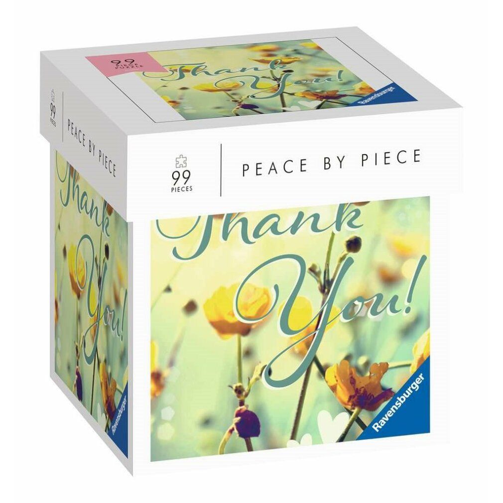 Ravensburger Puzzle Peace by Piece: Dankeschön, 99 pezzi. Confezione con motivo floreale e scritta "Thank You!".