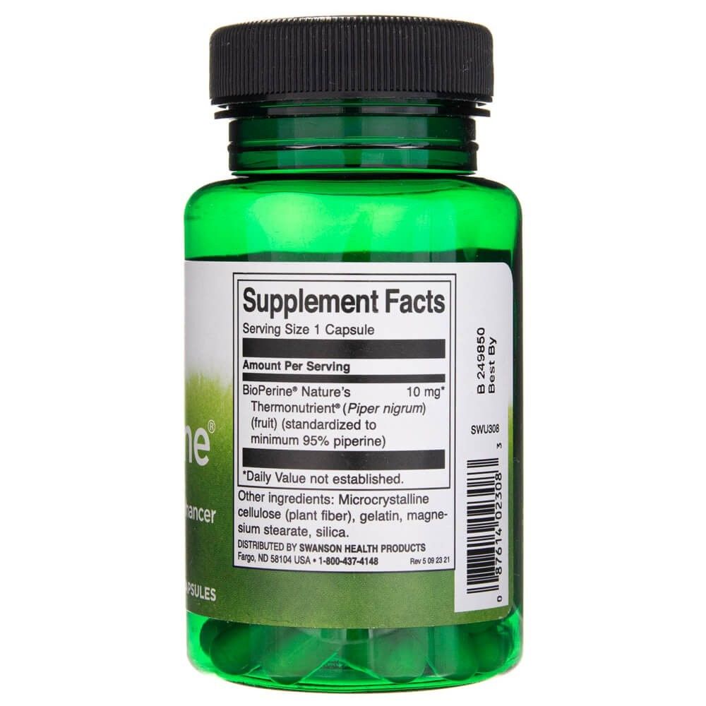Informazioni nutrizionali sul retro di un contenitore Swanson BioPerine in capsule.