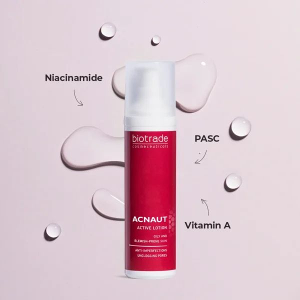 Flacone Acnaut Active Lotion con gocce. Testo: Biotrade, Acnaut. Niacinamide, Vitamina A, PASC.