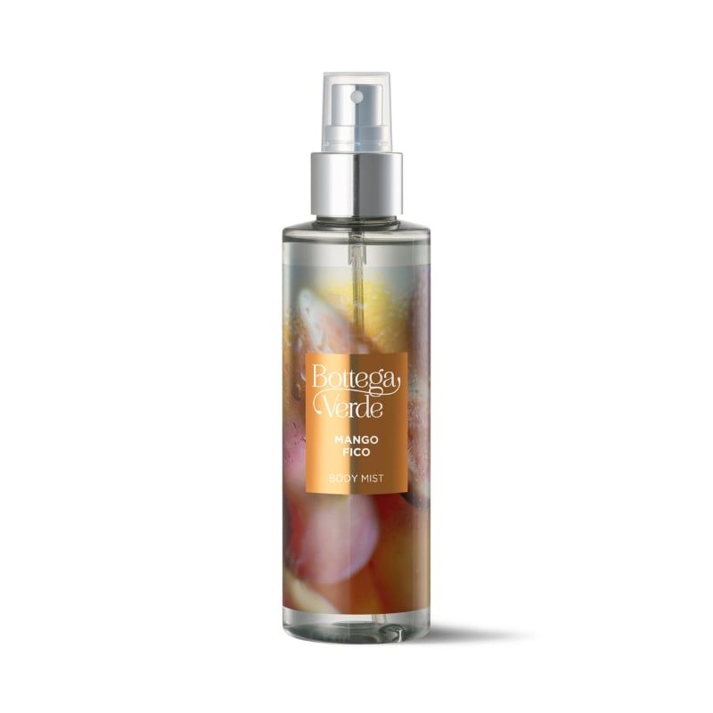 Spray corpo e capelli. Flacone trasparente con vaporizzatore. Etichetta con logo e nome del prodotto.