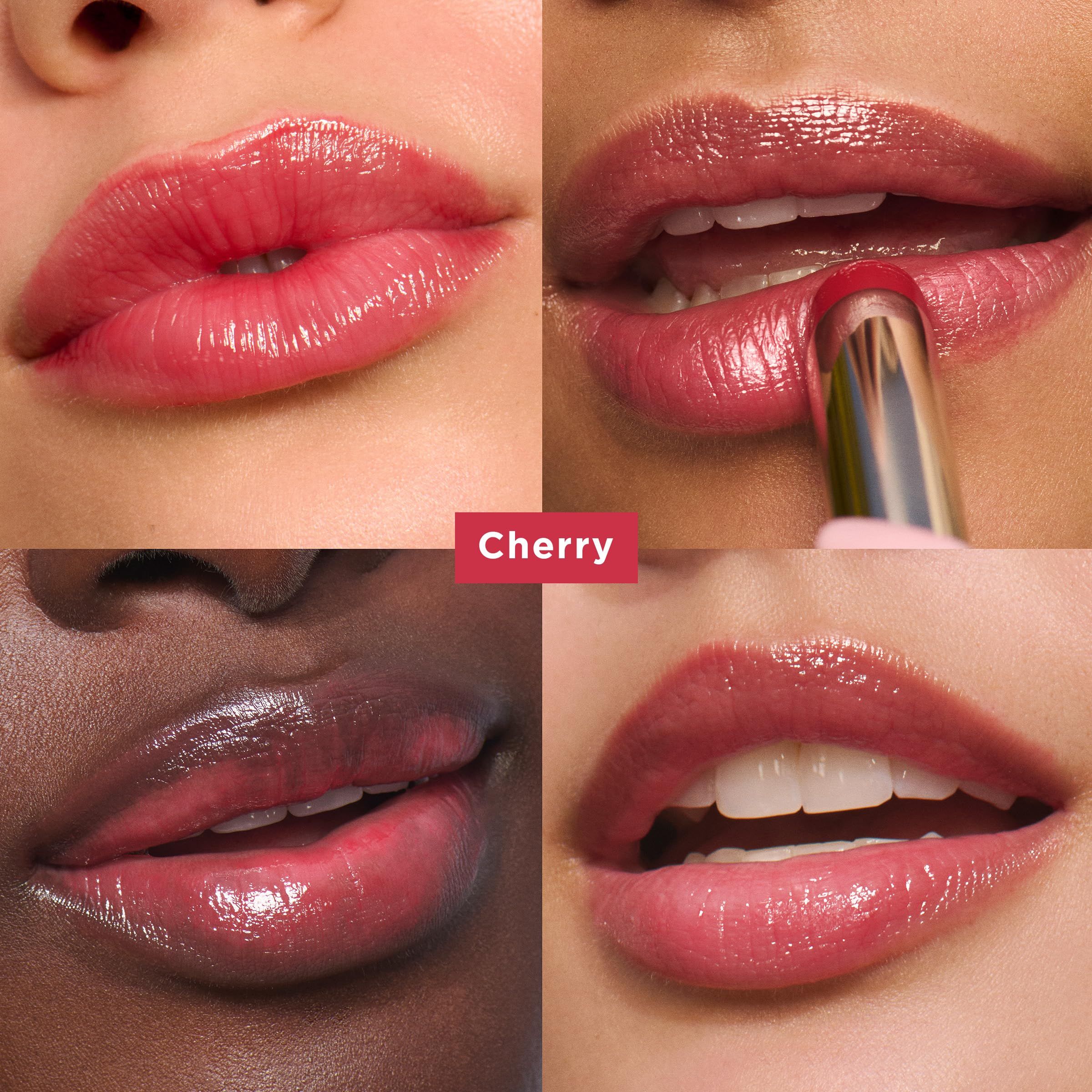 Quattro primi piani di labbra con Lip Oil Balm. Nome prodotto: Cherry. Labbra su diverse tonalità di pelle.