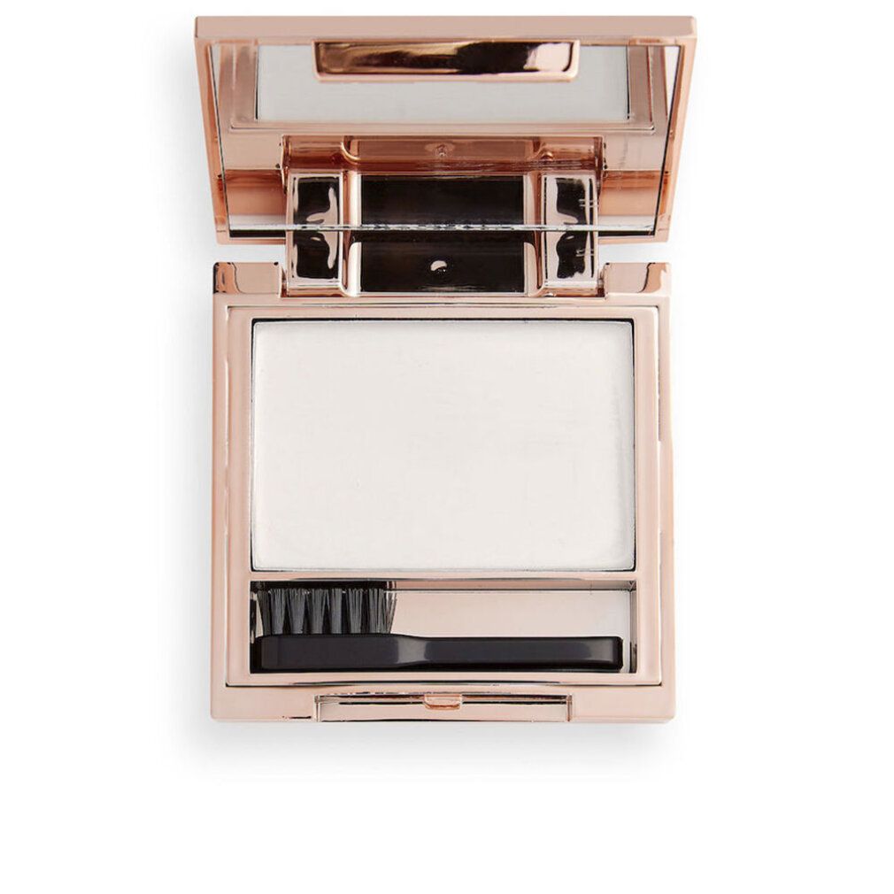 Styler cosmetico aperto. Confezione oro rosa con specchio, prodotto e spazzola. Forma rettangolare.