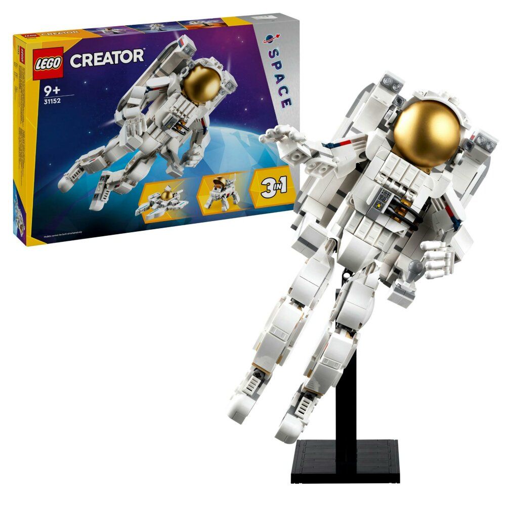 Modello LEGO Creator Astronauta. Bianco, visiera dorata. Su supporto nero. Confezione sullo sfondo. Modello 3-in-1.
