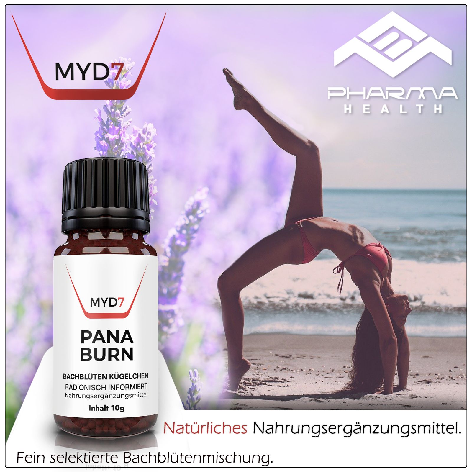 Flacone "MYD7", "PANA BURN". Donna sulla spiaggia. Testo: "Integratore alimentare naturale. Miscela di fiori di Bach finemente selezionata".