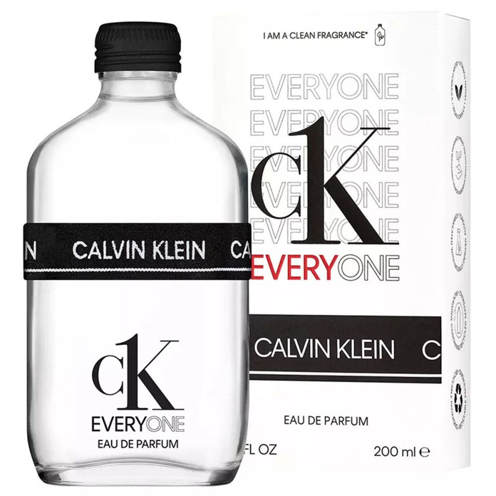 Flacone in vetro trasparente, tappo nero, fascia nera con Calvin Klein. Scritta: ck EVERYONE. Confezione.