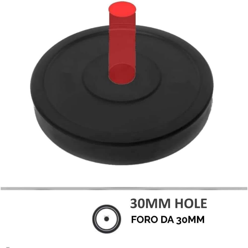 Disco pesi nero con perno rosso. Testo: FORO DA 30MM. Per allenamento fitness.