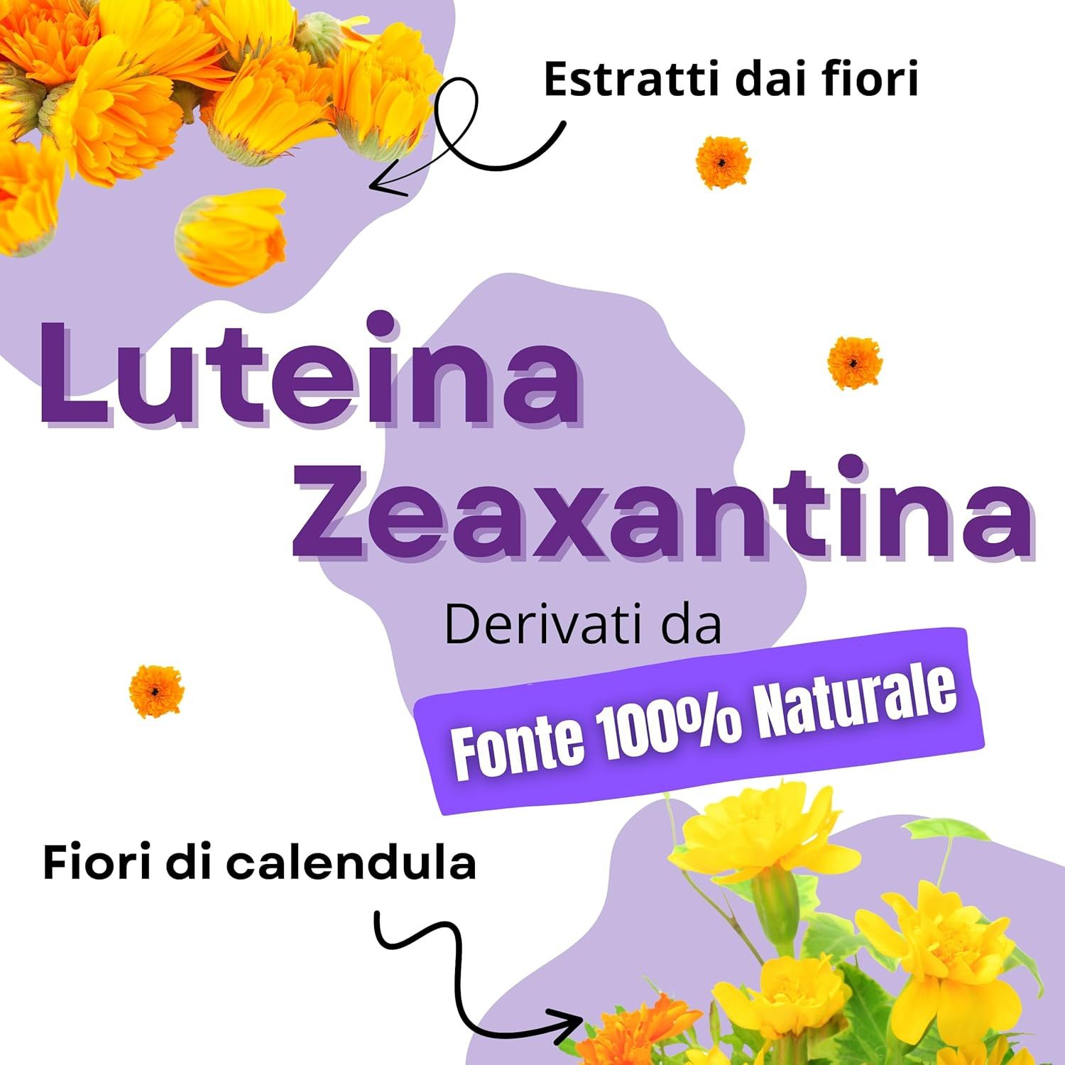 Illustrazione di luteina e zeaxantina da estratti di calendula, fonte 100% naturale.