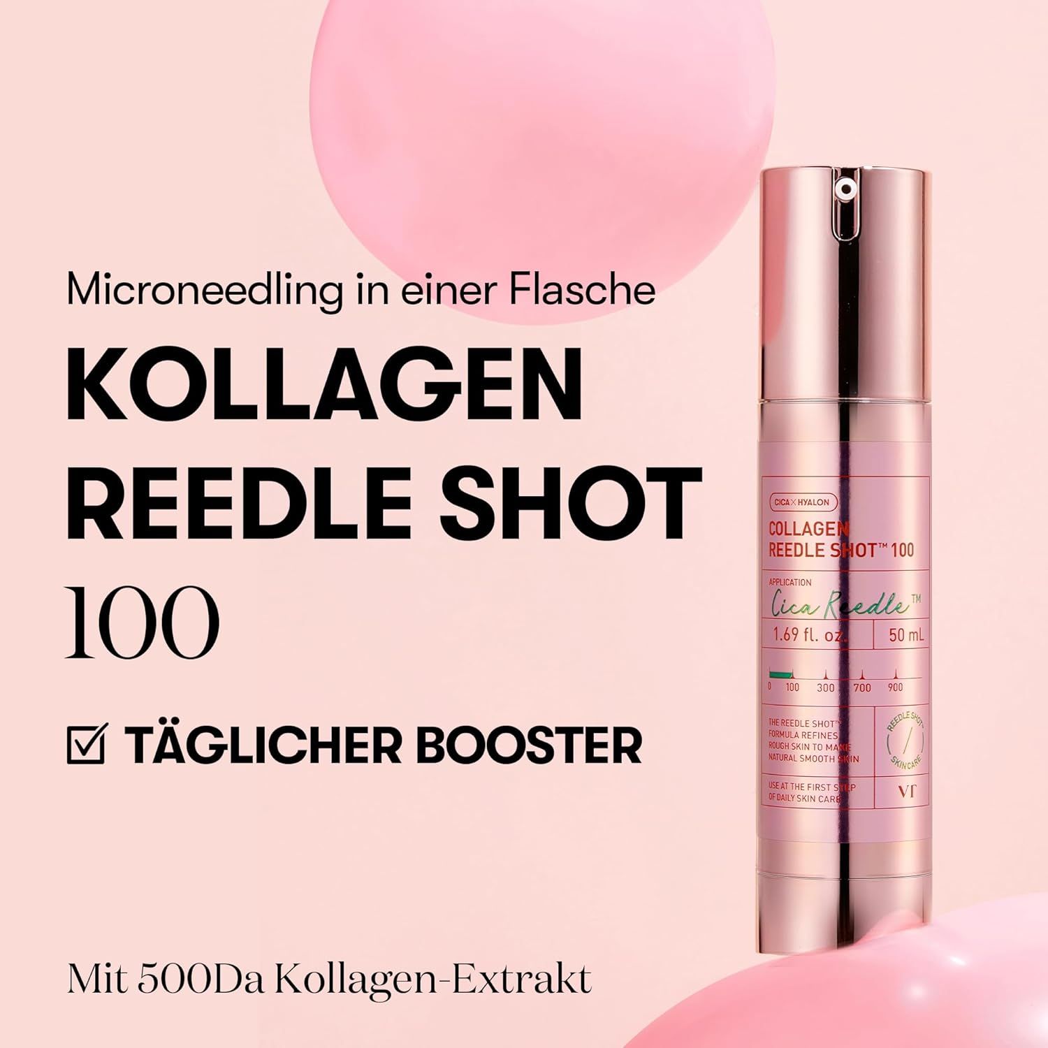 Flacone del prodotto su sfondo rosa. Testo: Kollagen REEDLE SHOT 100, BOOSTER QUOTIDIANO. Con estratto di collagene 500Da.