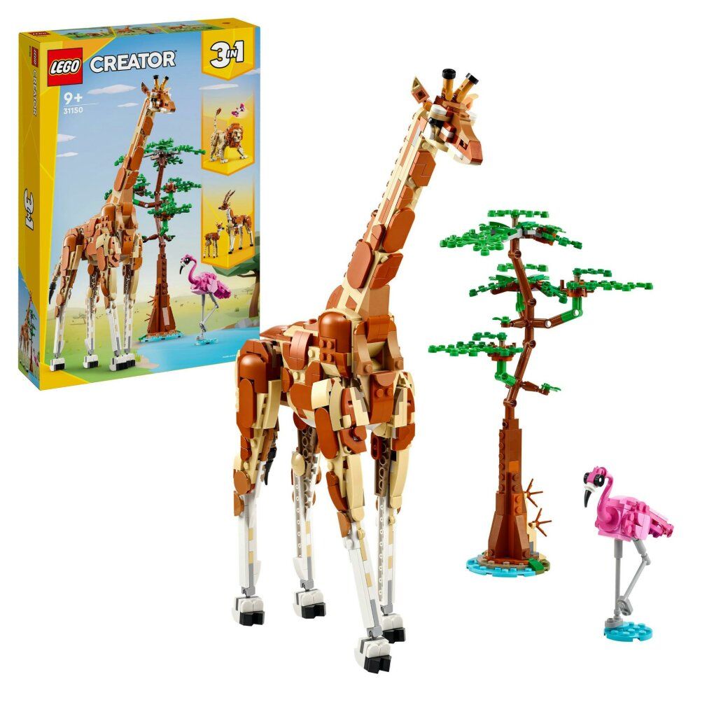 Set LEGO Creator 3in1 giraffa. Include giraffa, albero, fenicottero e confezione. Scatola giallo-verde con immagini del prodotto.