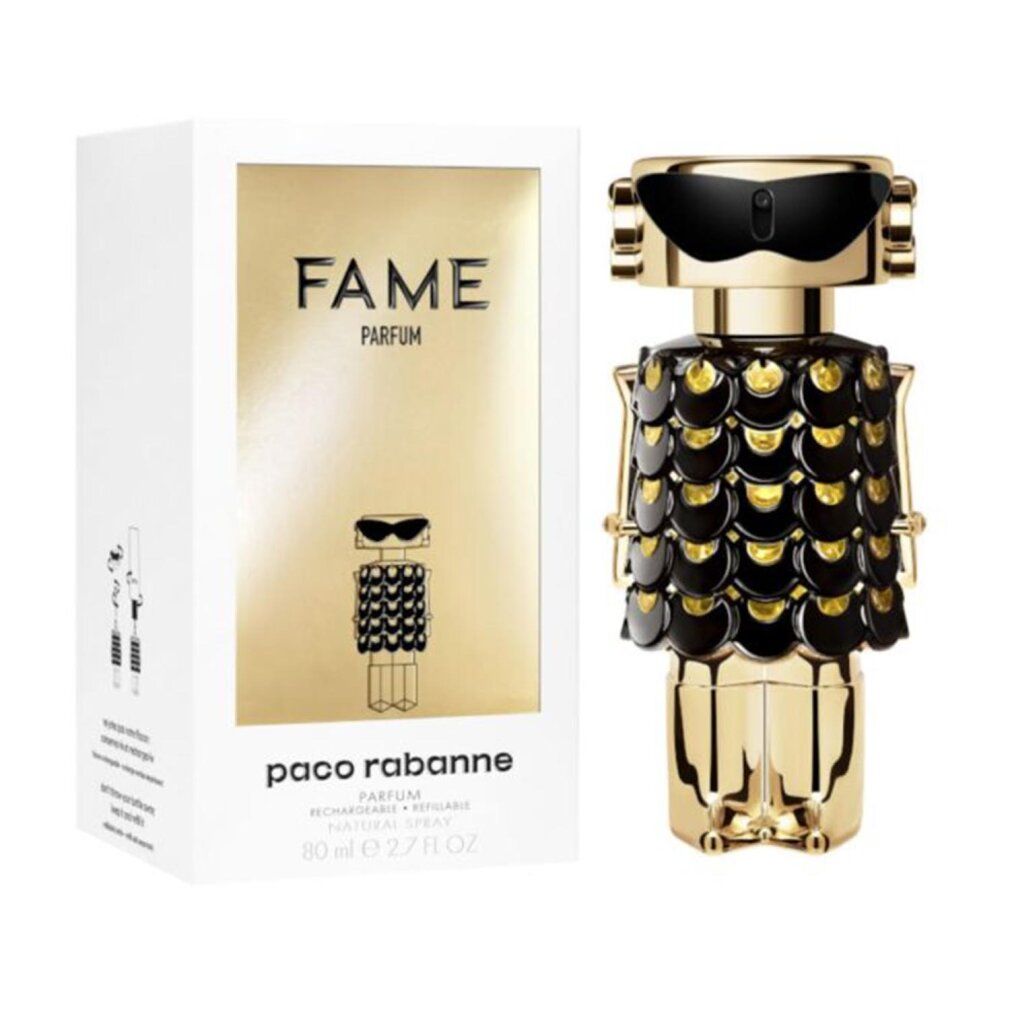 Flacone dorato con dettagli neri e occhiali da sole. Confezione bianca con scritta "FAME" e "paco rabanne".