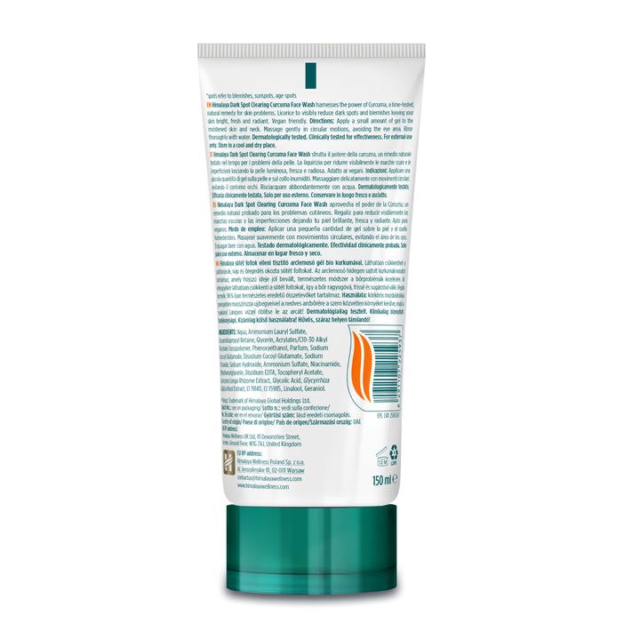 Retro di un tubo Himalaya Dark Spot Clearing Curcuma Gesichtspeeling con ingredienti e istruzioni.