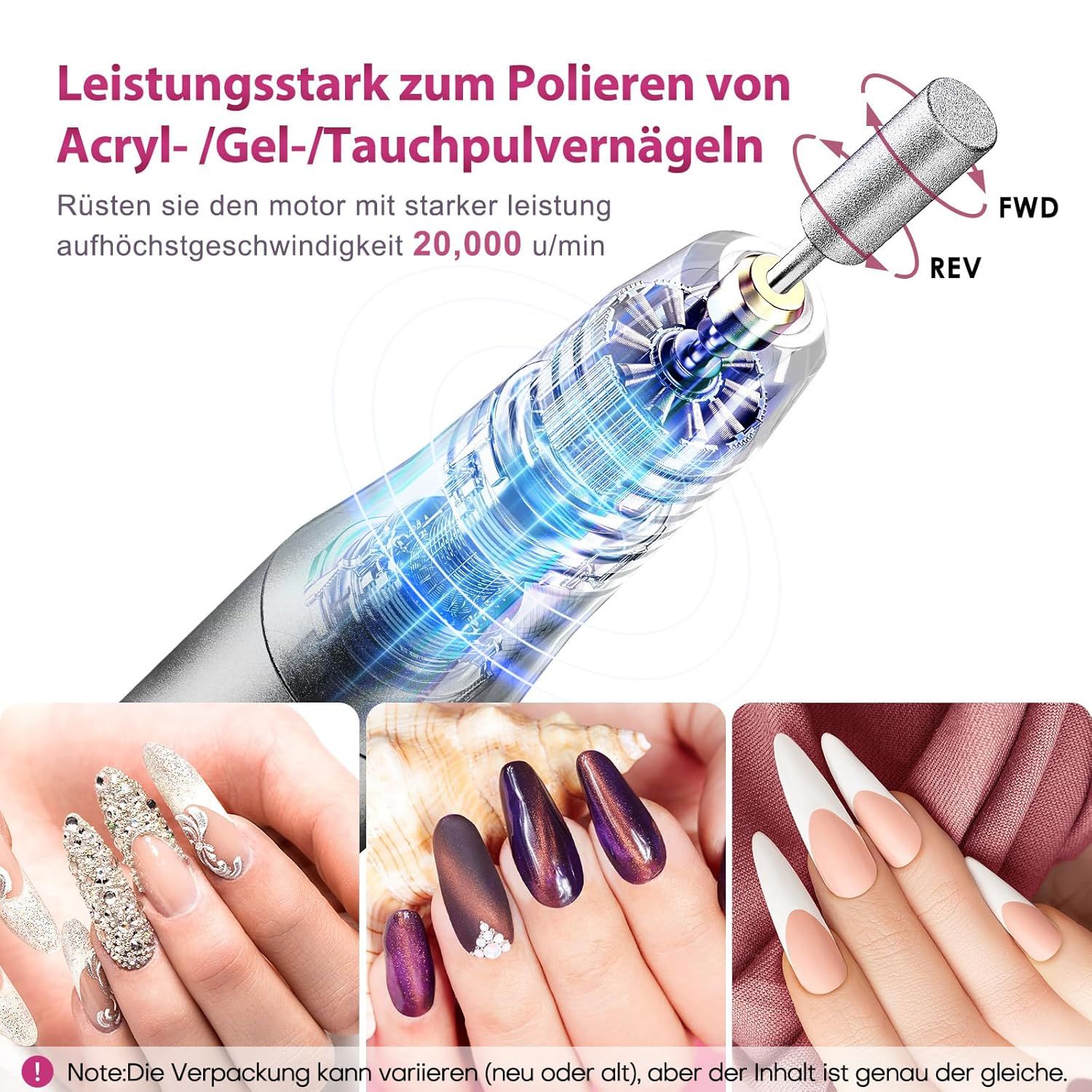 Primo piano di un dispositivo per manicure con attacco rotante. Sotto, esempi di nail art.