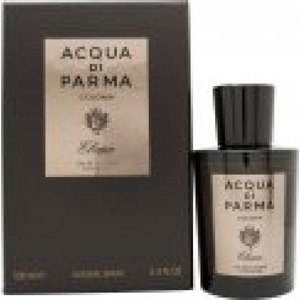 Flacone e confezione Acqua di Parma Colonia Ebano EdC. Bottiglia nera con etichetta. Scatola nera con logo.