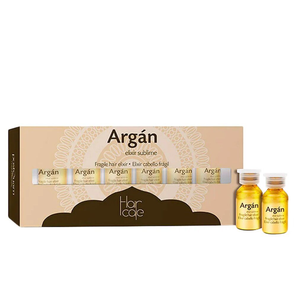 Confezione in cartone con sei fiale e due flaconi. Scritta: Argan, Elixir sublime, Fragile hair elixir. Marchio: Hair cafe.