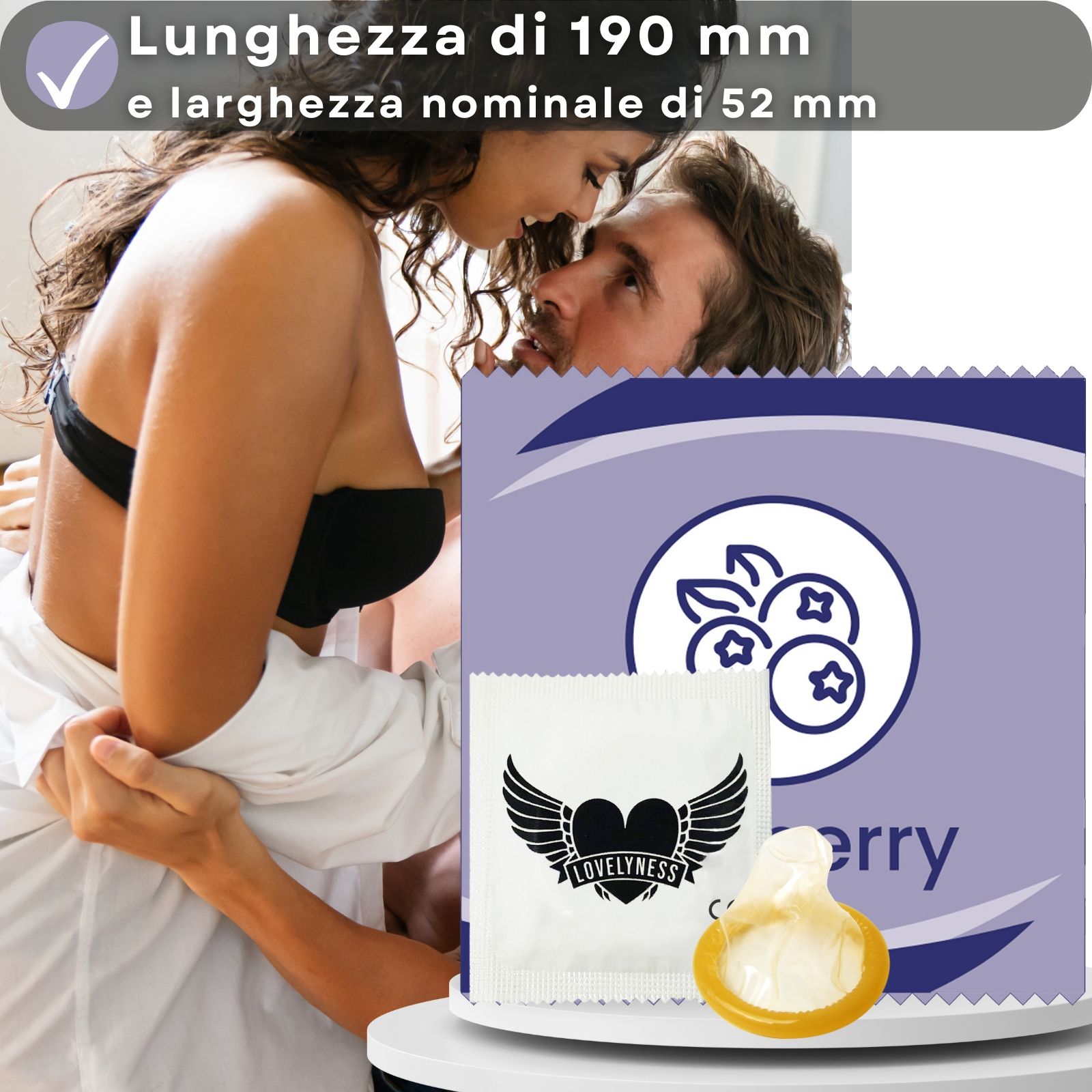 Preservativi gusto mirtillo, lunghezza 190 mm, larghezza nominale 52 mm. Confezionati singolarmente.
