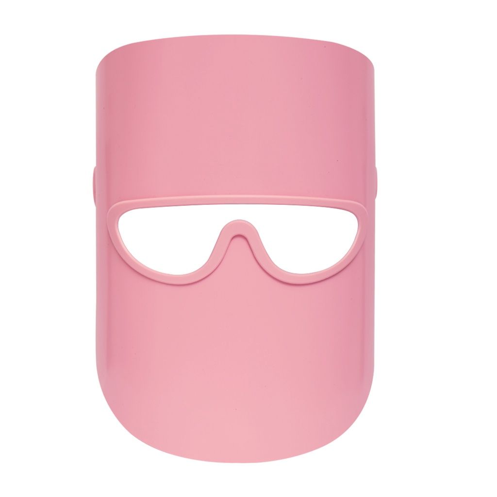 Una maschera per terapia della luce LED rosa con occhiali protettivi integrati.