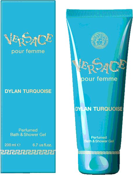 Tubo e scatola turchese. Scritta: Versace pour femme, Dylan Turquoise. Gel doccia. Scrittura dorata.