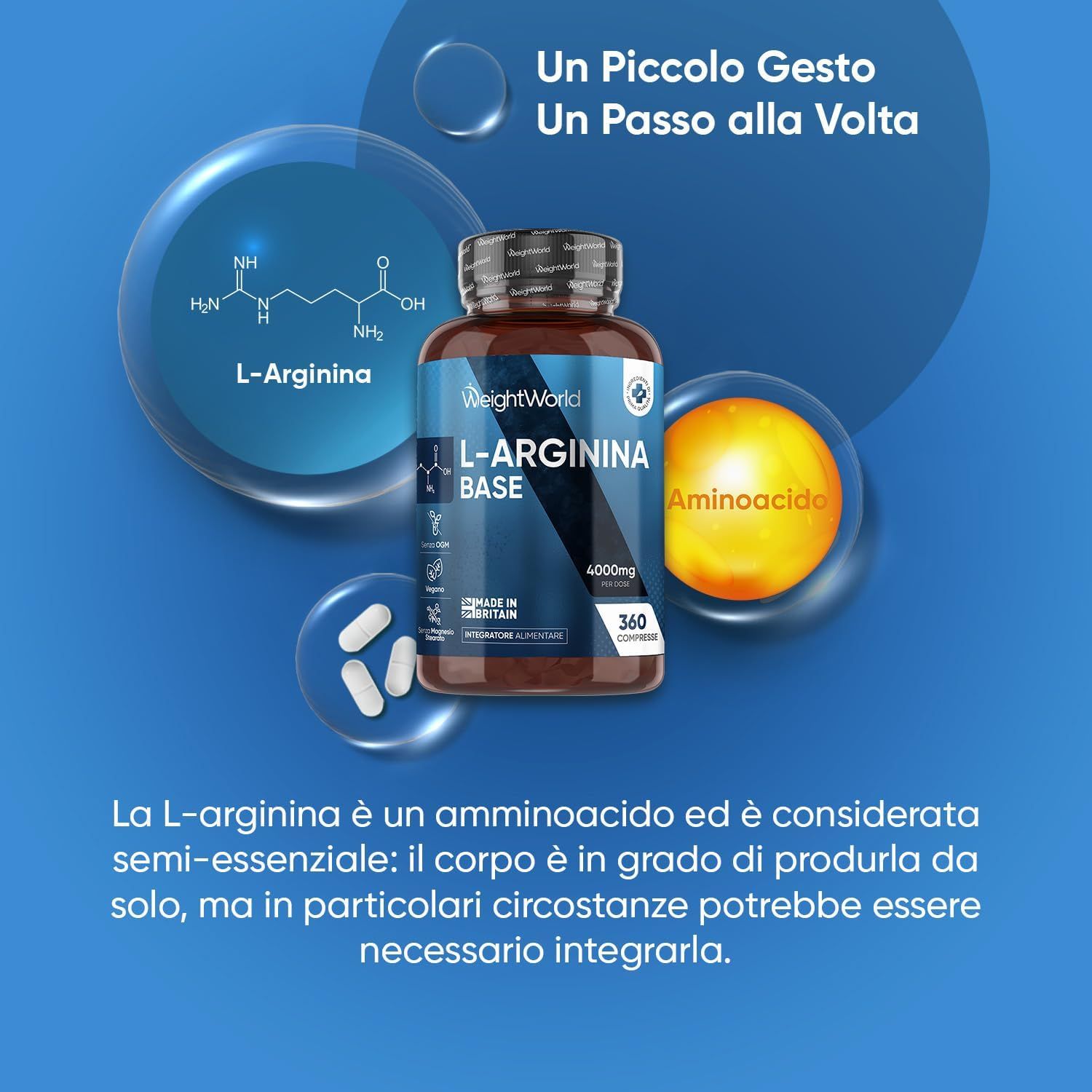 Flacone marrone di compresse con L-Arginina Base. Contiene 360 compresse. Testo: 4000mg. Grafico aminoacido. Molecola di L-Arginina. Prodotto nel Regno Unito.