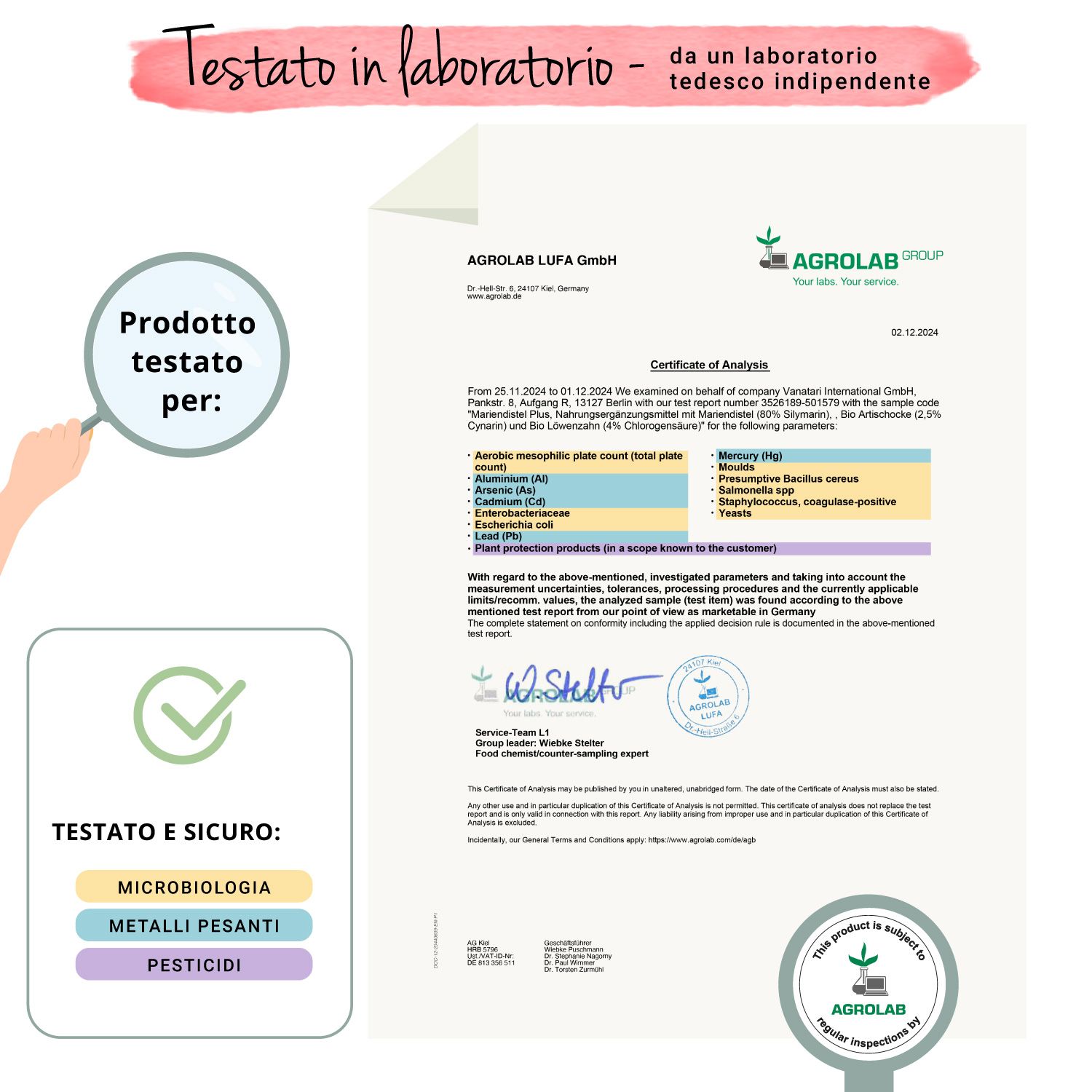 Certificato di Agrolab. Prodotto testato per: Microbiologia, metalli pesanti, pesticidi. Logo Agrolab.