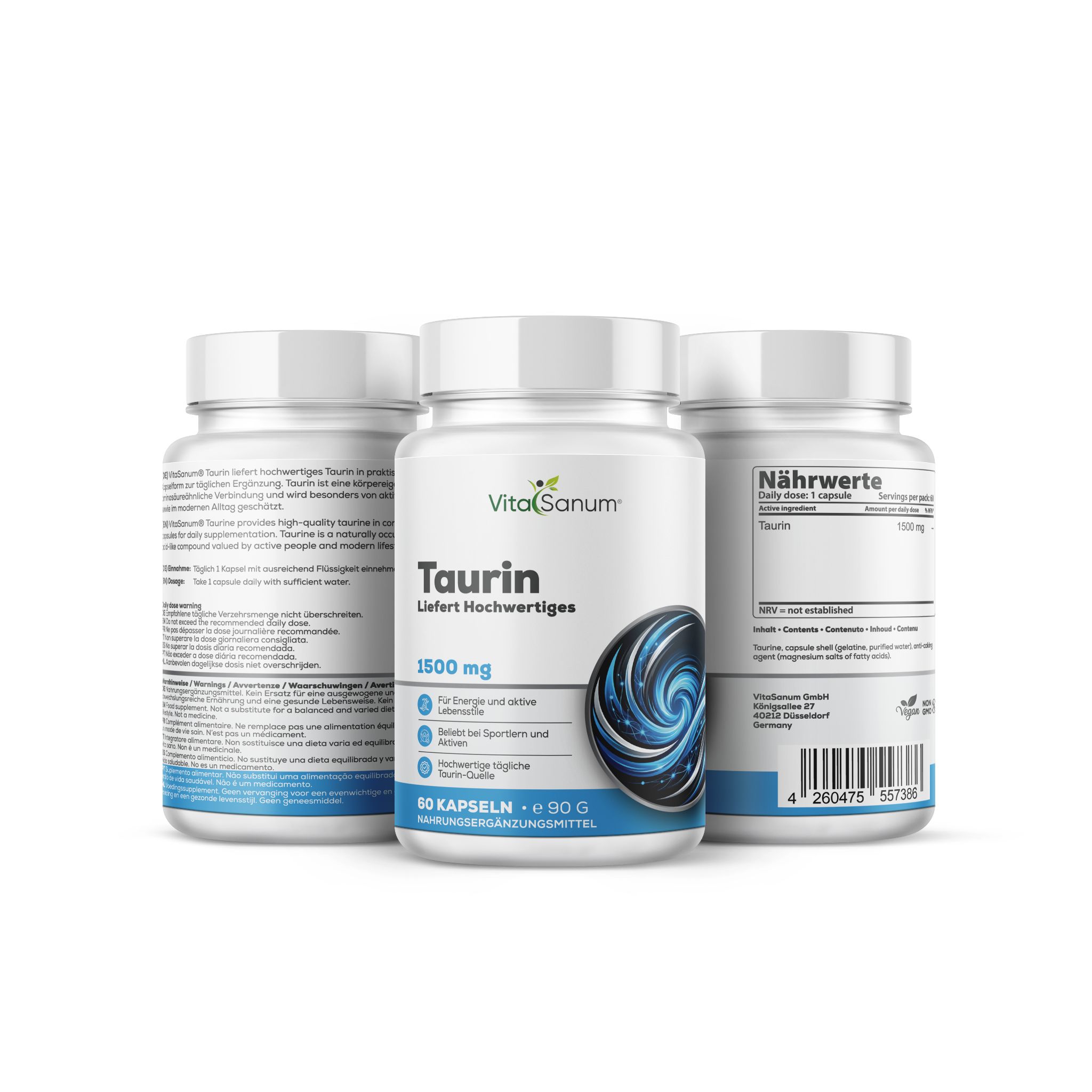 VitaSanum Taurina 1500 mg Capsule: Tre flaconi bianchi con etichette blu, 60 capsule per flacone.
