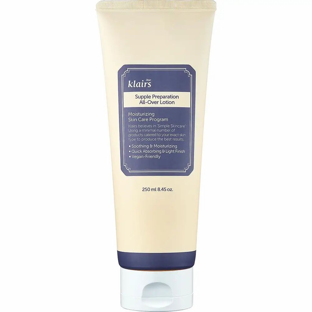 Tubo beige con etichetta blu. Scritta: klairs, Supple Preparation All-Over Lotion. 250ml.