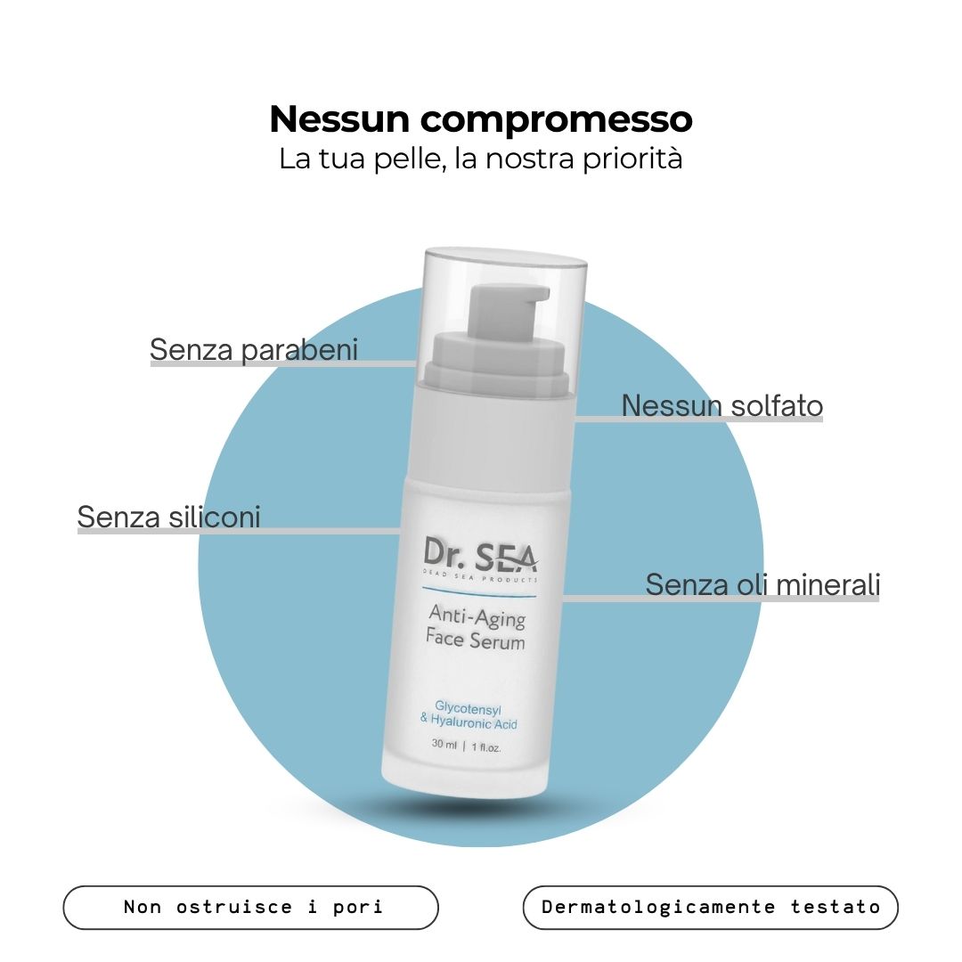 Flacone di siero con pompa. Testo: Dr. SEA, Anti-Aging Face Serum. Senza parabeni, solfati, siliconi, oli minerali. Dermatologicamente testato.