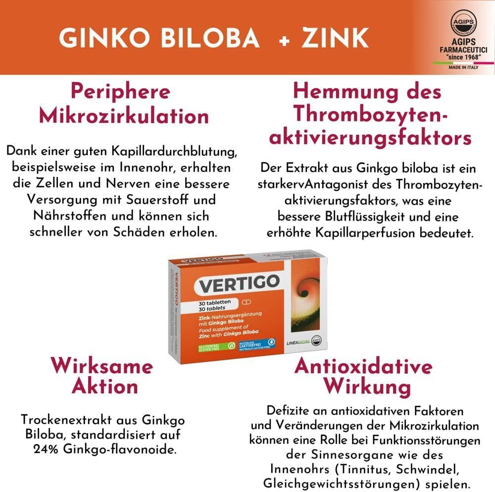 Infografica: Ginkgo Biloba + Zinco. Microcircolazione periferica, inibizione fattore attivazione piastrinica, azione efficace e antiossidante.