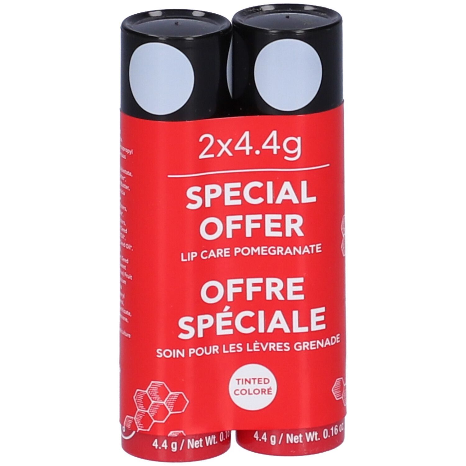 Set di due stick labbra. Confezione rossa con tappo nero. Testo: "SPECIAL OFFER", "OFFRE SPÉCIALE", "4.4g".