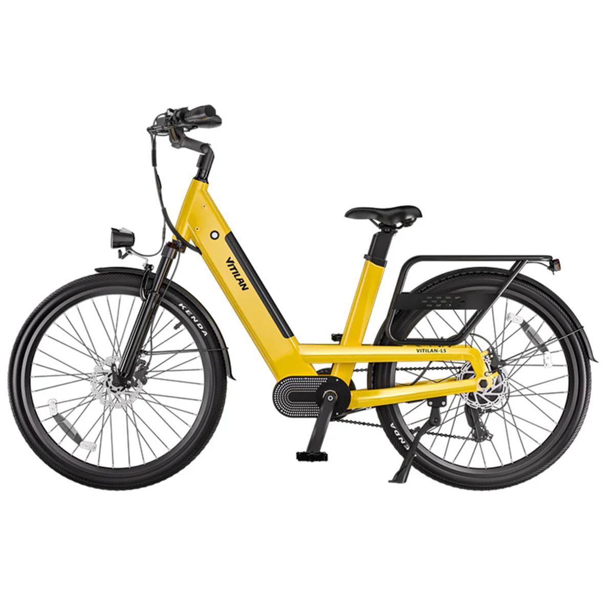 E-bike Vitilan L5 gialla. Pneumatici neri, portapacchi, faro. Scritta Kenda sui pneumatici.