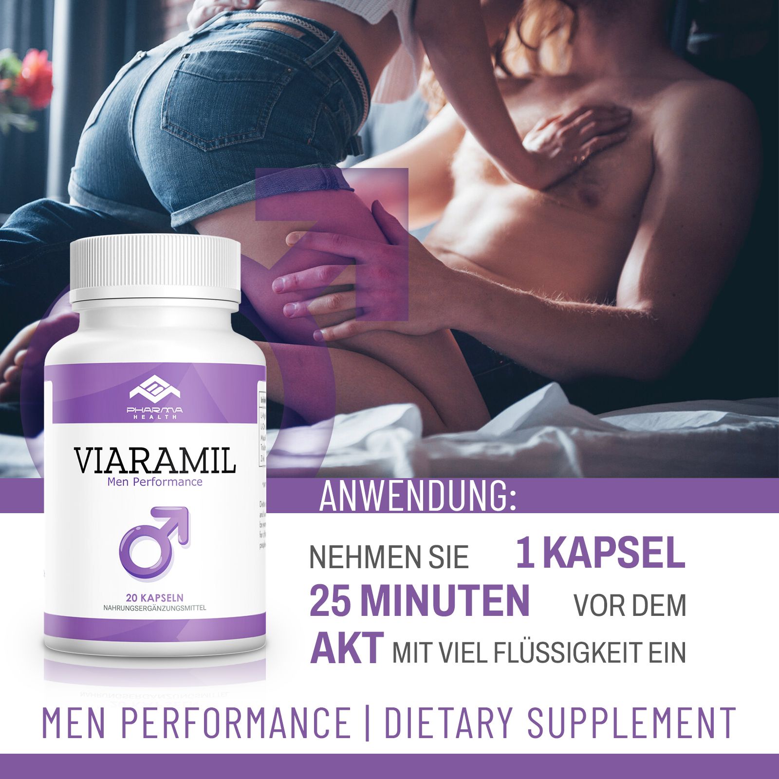 Flacone bianco, etichetta viola. Scritta: Viaramil Men Performance, 20 capsule. Logo: Pharma Health. Uso: 1 capsula 25 min prima.