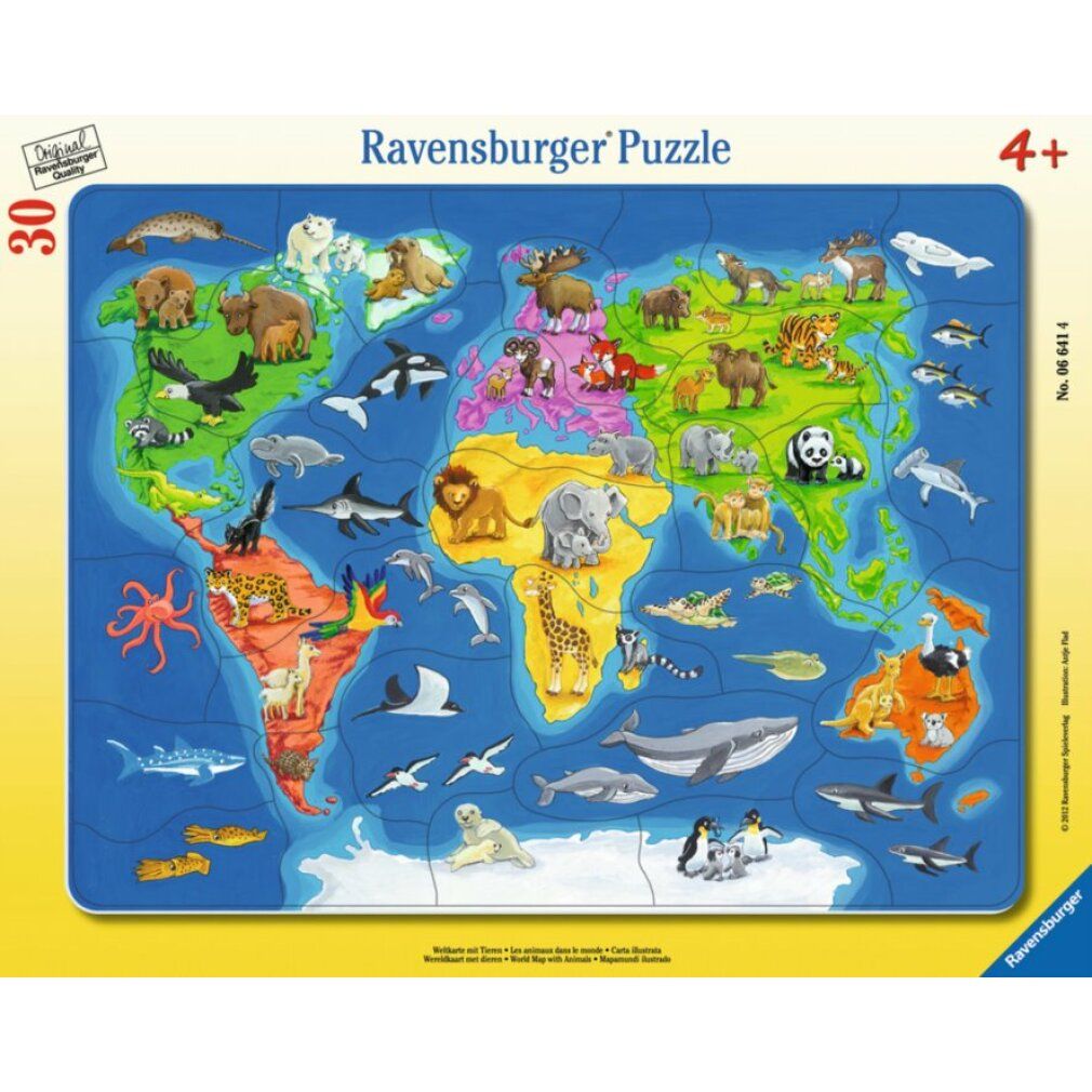 Puzzle con cornice mappa del mondo con animali. 30 pezzi. Ravensburger Puzzle. Consigliato per 4+. Animali sui continenti.
