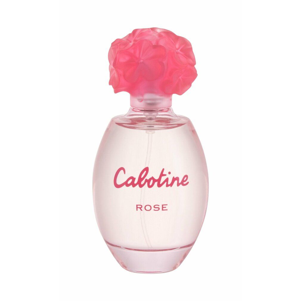 Flacone rotondo con tappo a fiore rosa. Scritta Cabotine Rose.