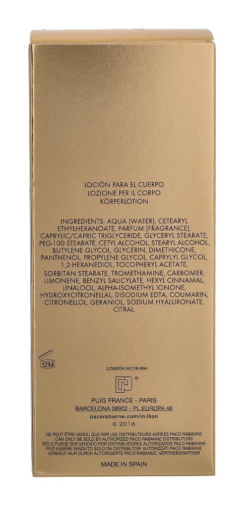 Retro della confezione dorata. Ingredienti e informazioni del produttore. 'Lady Million'.