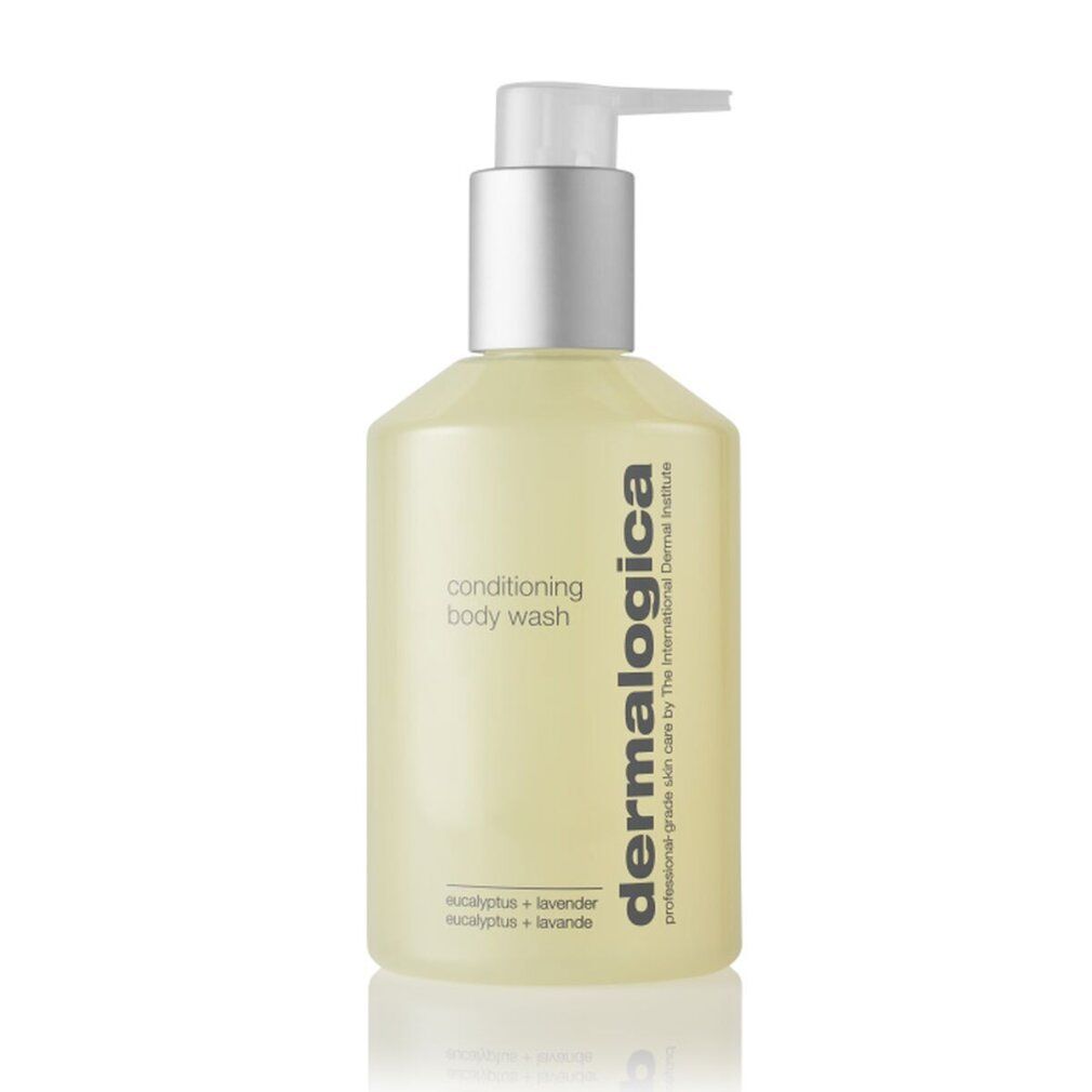 Flacone di gel con dosatore. Nome del prodotto e logo « Dermalogica ». Scritta: « Conditioning body wash ». Colore: giallo.