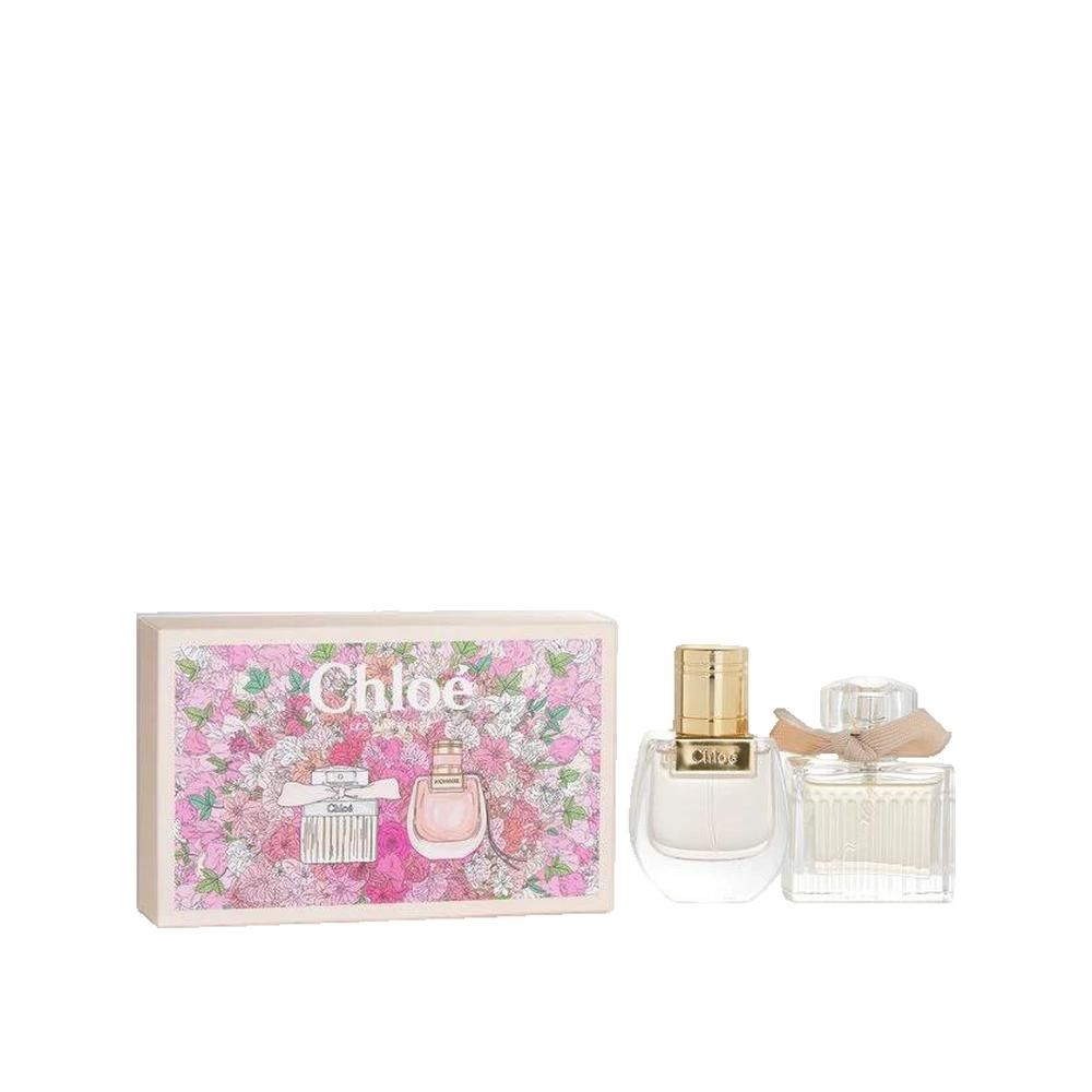Set regalo con due flaconi di profumo e una scatola con motivo floreale. Sulla scatola c'è scritto "Chloé".
