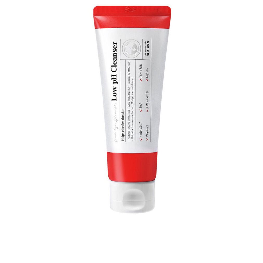 Tubo bianco e rosso. Scritta: Low pH Cleanser. Marchio: MIZON. Contiene BHA e Tea Tree.